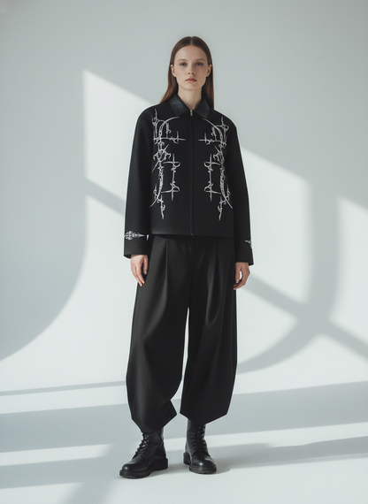 Street Gothic PU Leather Collar With Thorn Print Jacket