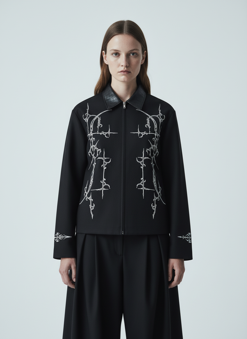 Street Gothic PU Leather Collar With Thorn Print Jacket