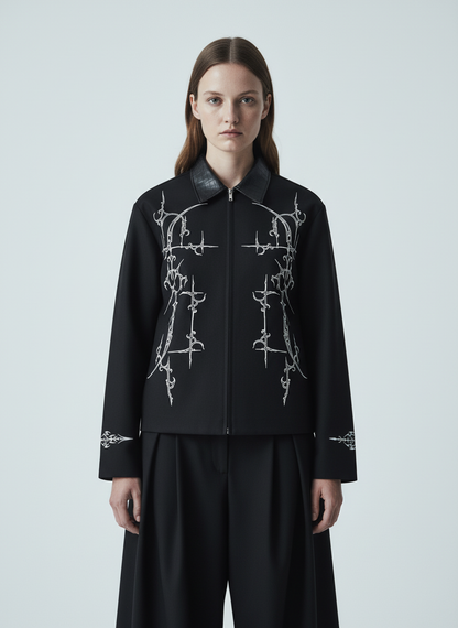 Street Gothic PU Leather Collar With Thorn Print Jacket