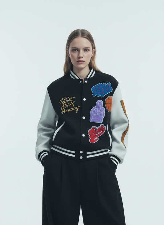 Thesupermade Leather Patchwork  Embroidery Quilted Bomber Jacket