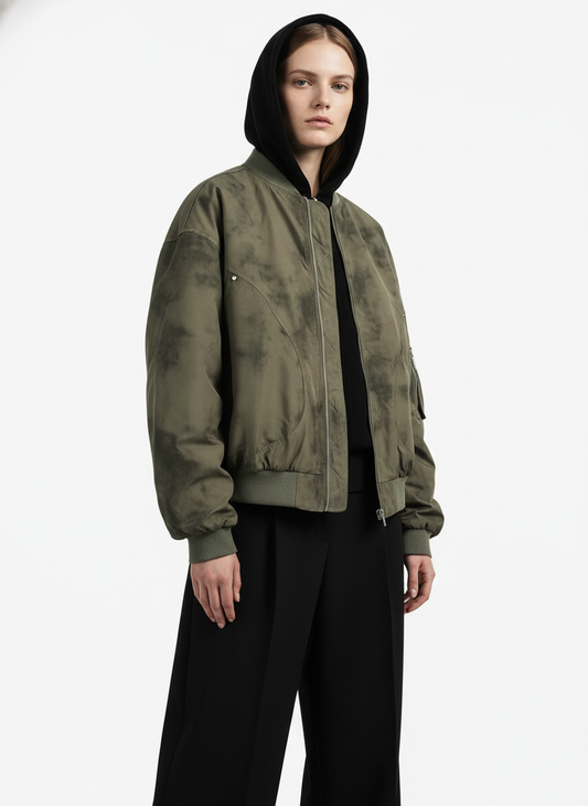 Patchwork Faux Two-Piece Gradient Hooded Bomber Jacket