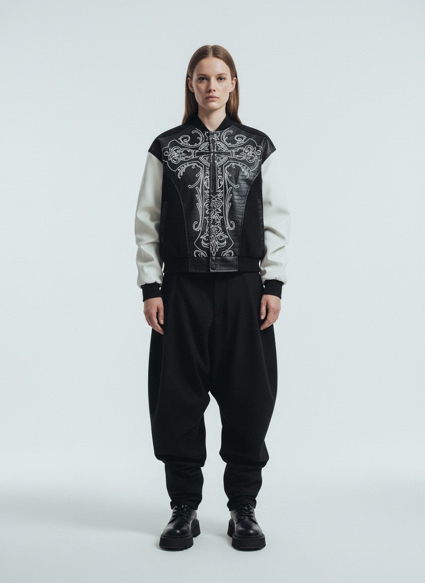 Gothic Cross Embroidery Crocodile Leather Bomber Jacket - 2479