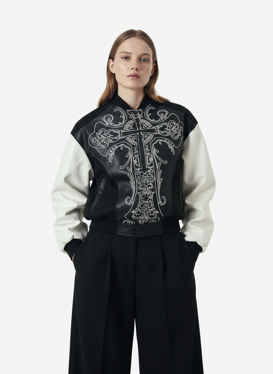Gothic Cross Embroidery Crocodile Leather Bomber Jacket - 2479