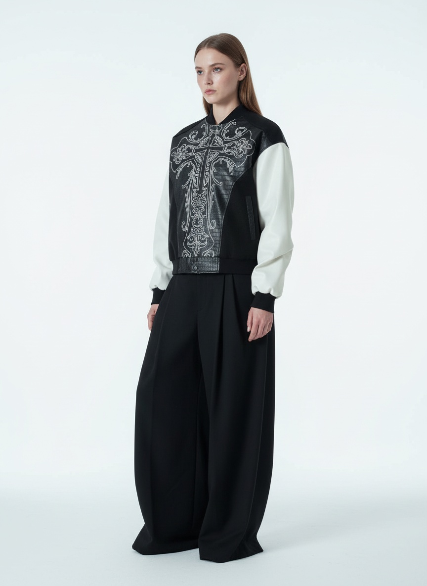 Gothic Cross Embroidery Crocodile Leather Bomber Jacket - 2479