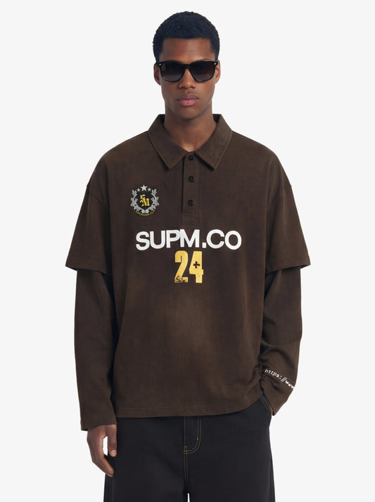 Distressed spray washed cotton fake two-piece loose long-sleeved T-shirt with embroidered badge logo and offset print design?