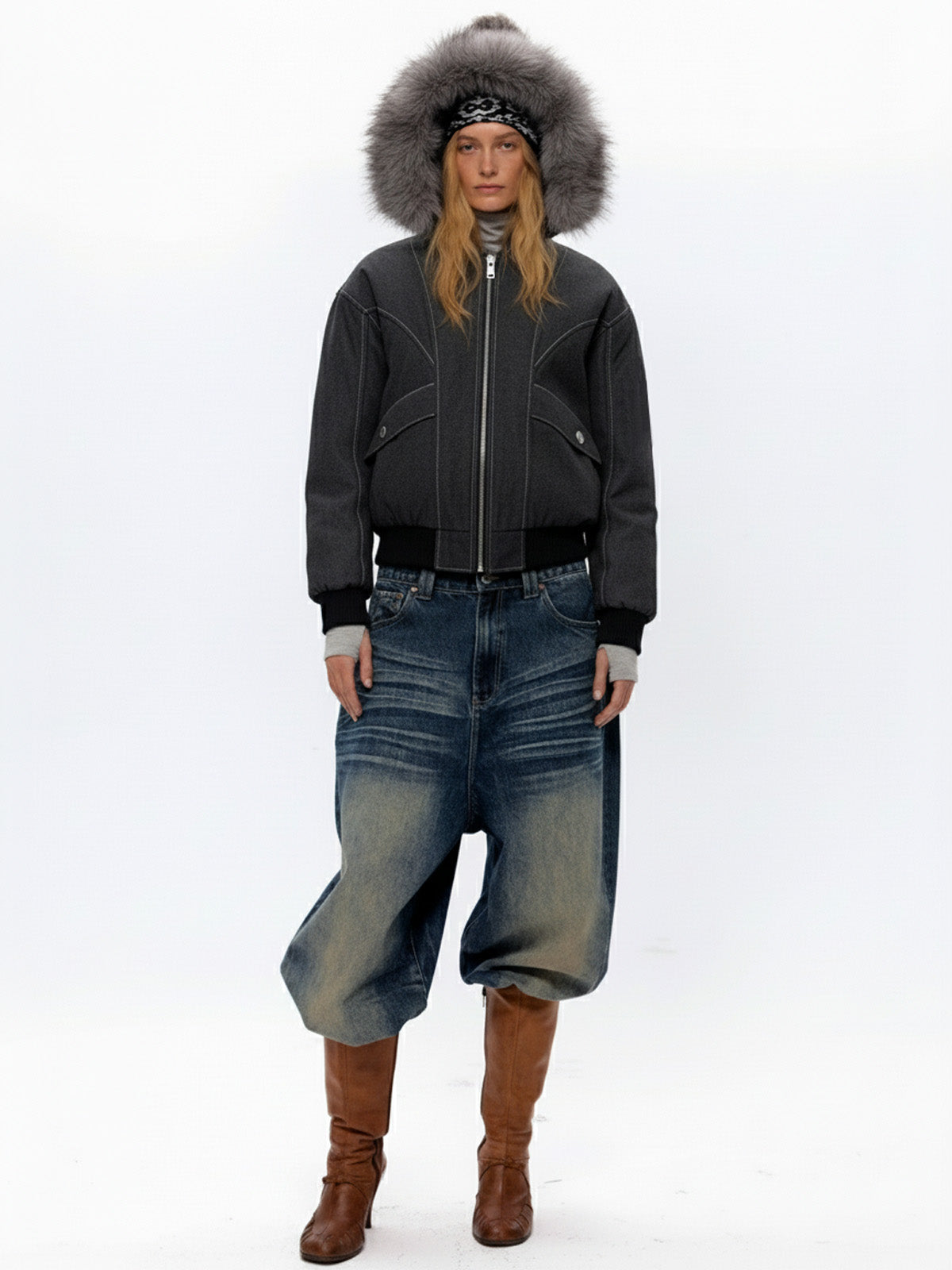 Retro Detachable Faux Fur Hood Zip-Up Bomber Jacket