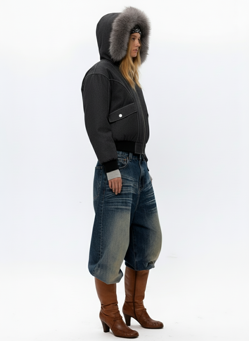 Retro Detachable Faux Fur Hood Zip-Up Bomber Jacket