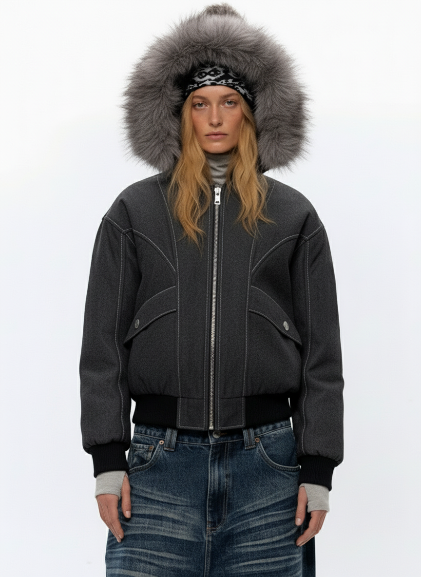Retro Detachable Faux Fur Hood Zip-Up Bomber Jacket