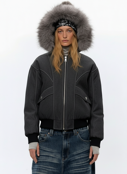 Retro Detachable Faux Fur Hood Zip-Up Bomber Jacket