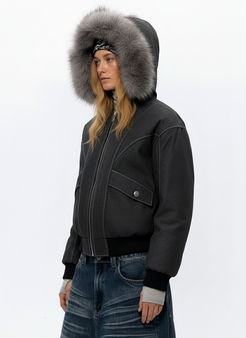 Retro Detachable Faux Fur Hood Zip-Up Bomber Jacket