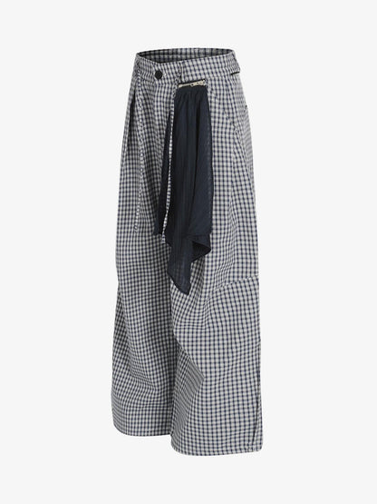 Checkered Wide-Leg Pants with Asymmetrical Panel Detail 