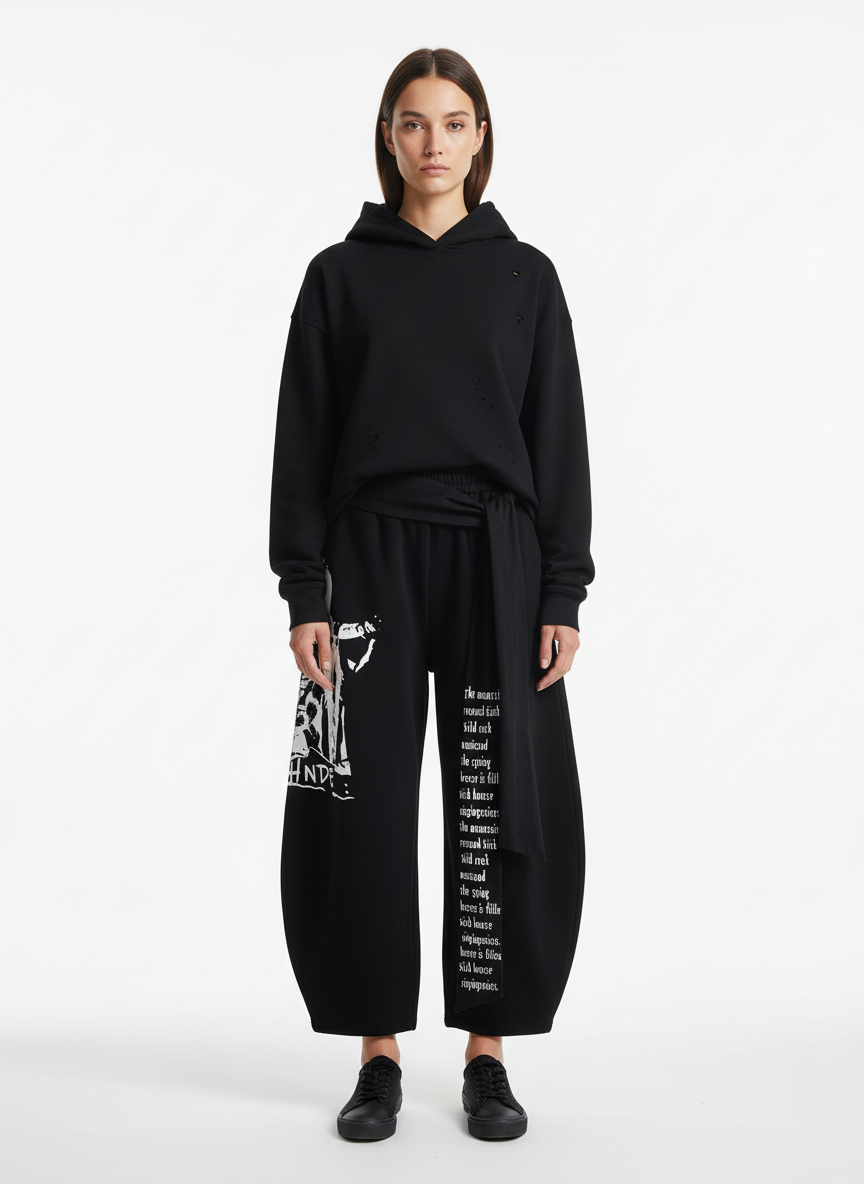 Dark Street Character Print Waist Strap Detail Barrel Pants