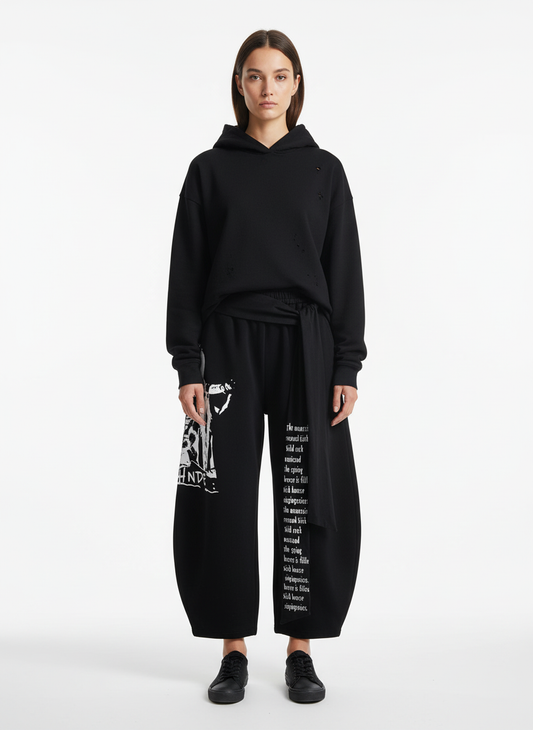 Dark Street Character Print Waist Strap Detail Barrel Pants