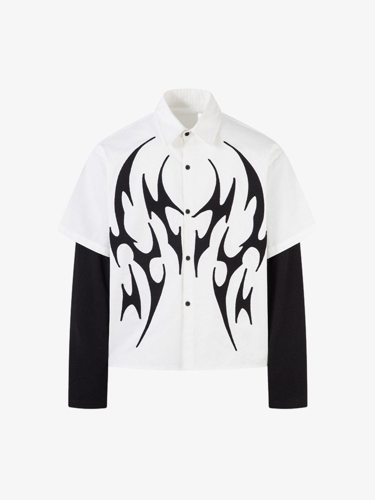 Cotton Blend Short Sleeve Shirt with Black Flame Print Long Sleeve Insert, Stylish Contrast Design for Men and Women?