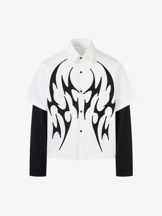 Cotton Blend Short Sleeve Shirt with Black Flame Print Long Sleeve Insert, Stylish Contrast Design for Men and Women?