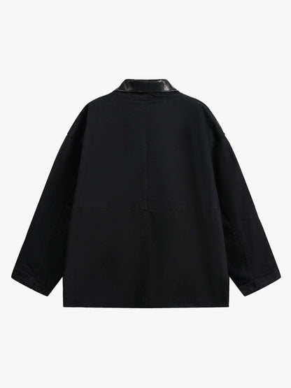 Leather Contrast Fold-Over Collar Multi Pocket Jacket