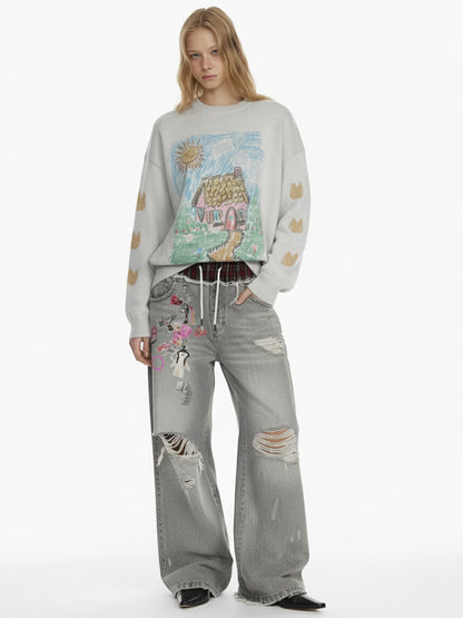 Retro Cozy Cottage Pattern Fun Graffiti Sweater