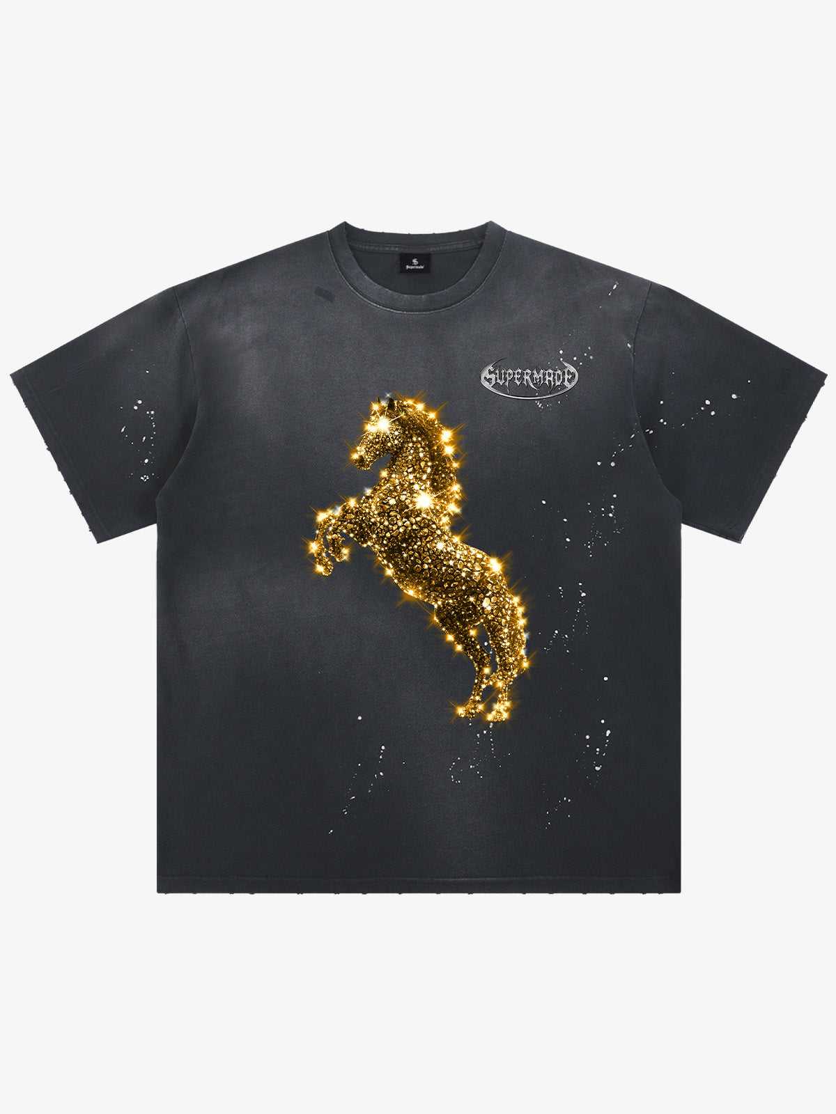 Unisex Washed Ink Blending Dual Color Cotton Horse Year Embroidered Diamond Horse Element Pattern Short-Sleeve T-Shirt?