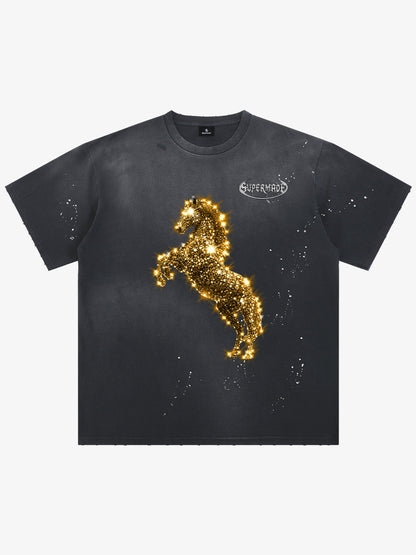 Unisex Washed Ink Blending Dual Color Cotton Horse Year Embroidered Diamond Horse Element Pattern Short-Sleeve T-Shirt?