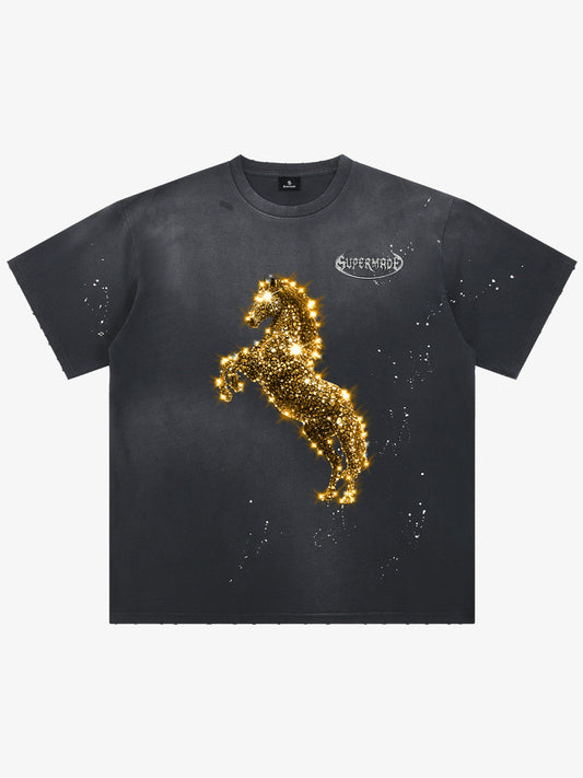 Unisex Washed Ink Blending Dual Color Cotton Horse Year Embroidered Diamond Horse Element Pattern Short-Sleeve T-Shirt?