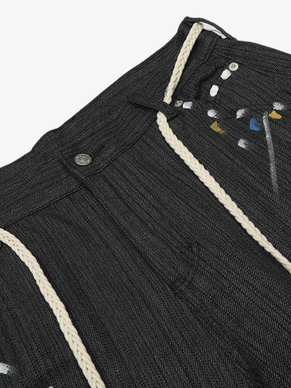 Stylish Wide-Leg Trousers with Artistic Embroidery and Adjustable Drawstrings 