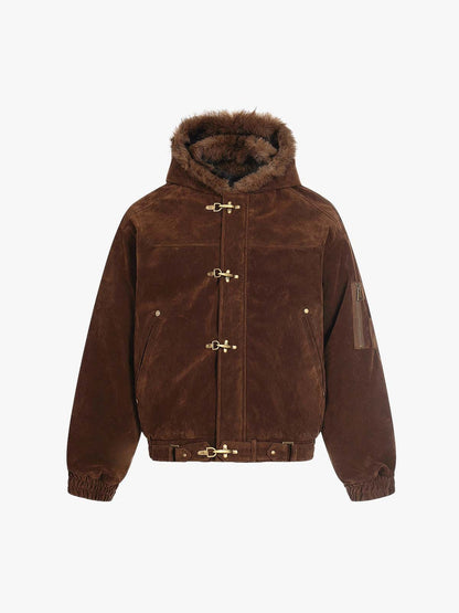 Fur Collar Suede Toggle Closure Padded Bomber Jacket