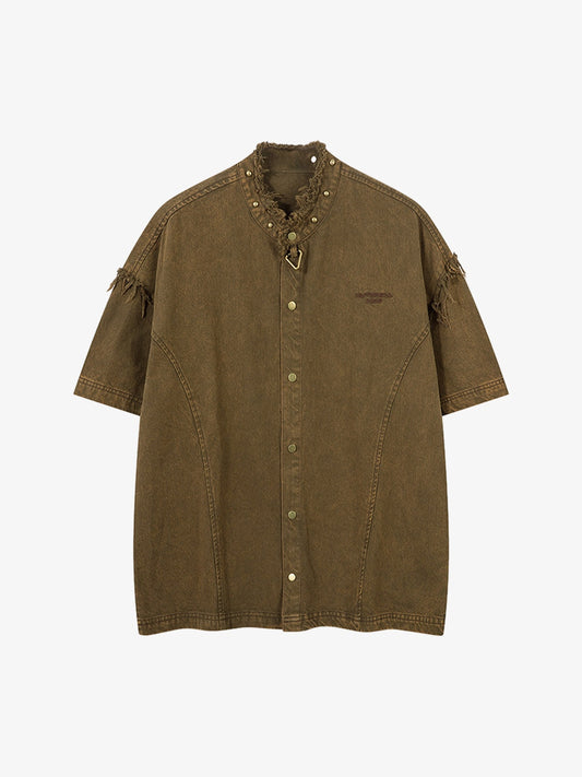 Rivet Deconstructed Split Stitching Denim Short-sleeved Shirt 