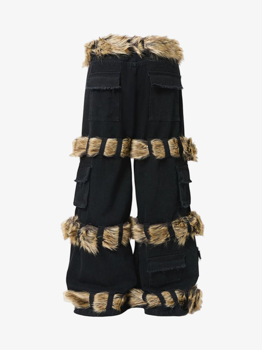 Faux Fur Trimmed Black Cargo Pants with Wide Leg and Multiple Pockets 