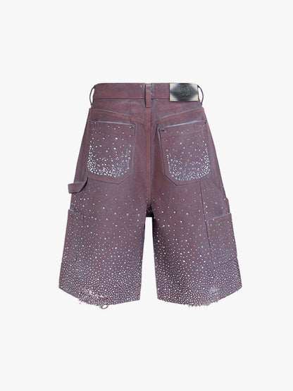 Studded Denim Cargo Shorts for Men with Rhinestone Embellishment, Fashionable Streetwear Style, Distressed Hem Design?