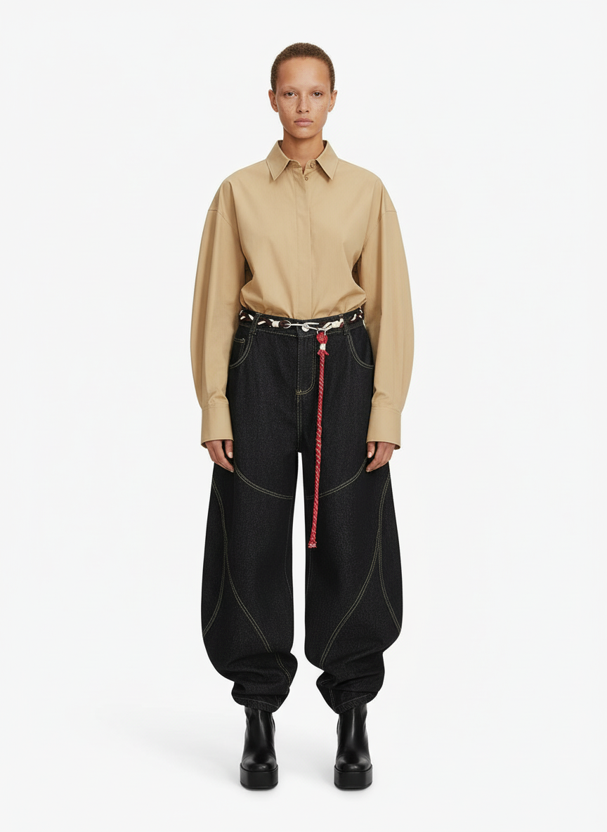 Denim Retro Belt Detail With Patchwork Barrel Jeans - 2490