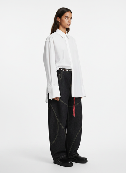 Denim Retro Belt Detail With Patchwork Barrel Jeans - 2490