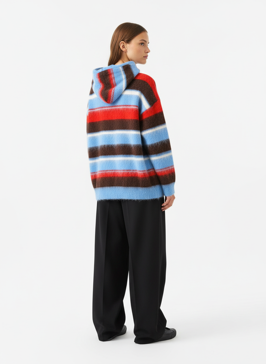 Detachable Hood Contrast Striped Mohair Pullover Sweater