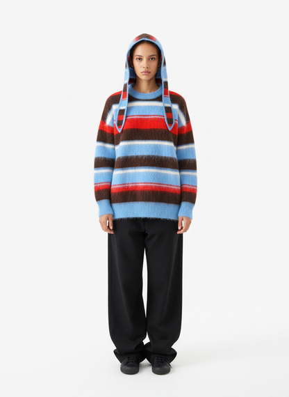Detachable Hood Contrast Striped Mohair Pullover Sweater