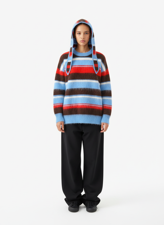 Detachable Hood Contrast Striped Mohair Pullover Sweater