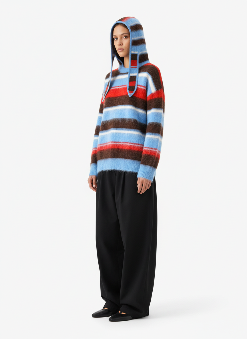 Detachable Hood Contrast Striped Mohair Pullover Sweater