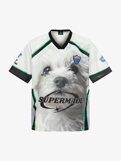Polyester Supermade Dog Print V-Neck T-Shirt with Graphic Design for Men 