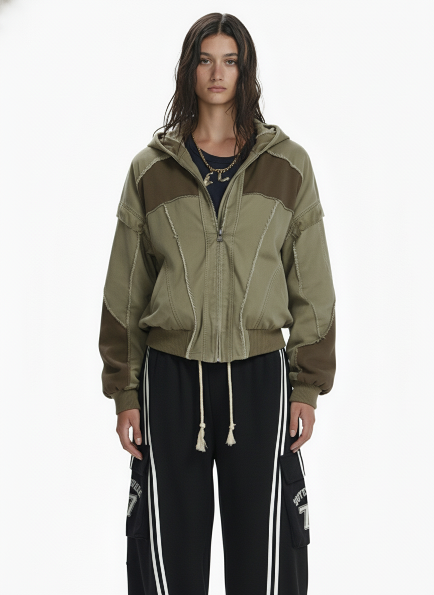 Retro Workwear Patchwork Hooded Utility Jacket