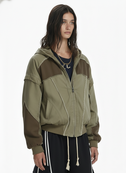 Retro Workwear Patchwork Hooded Utility Jacket