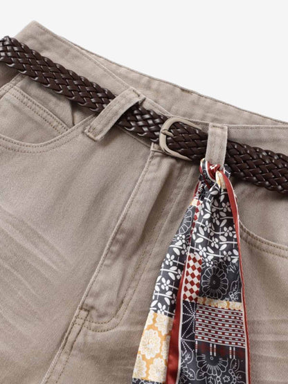 Cotton Wide Leg Pants with Belted Scarf Detail - Comfortable High Waist Culottes for Women 