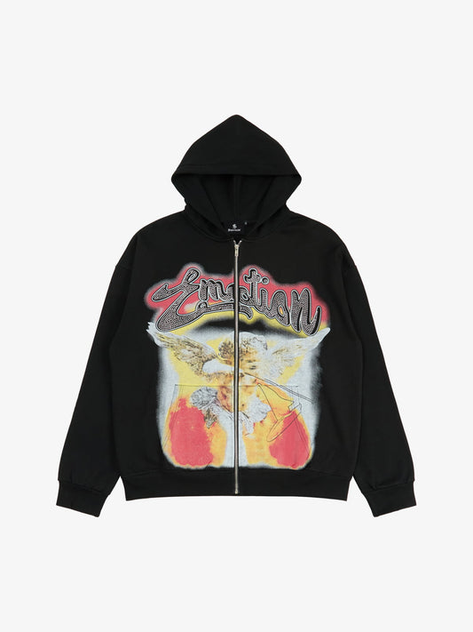 Retro Hip-Hop Cupid Rhinestone Zip Up Hoodie 