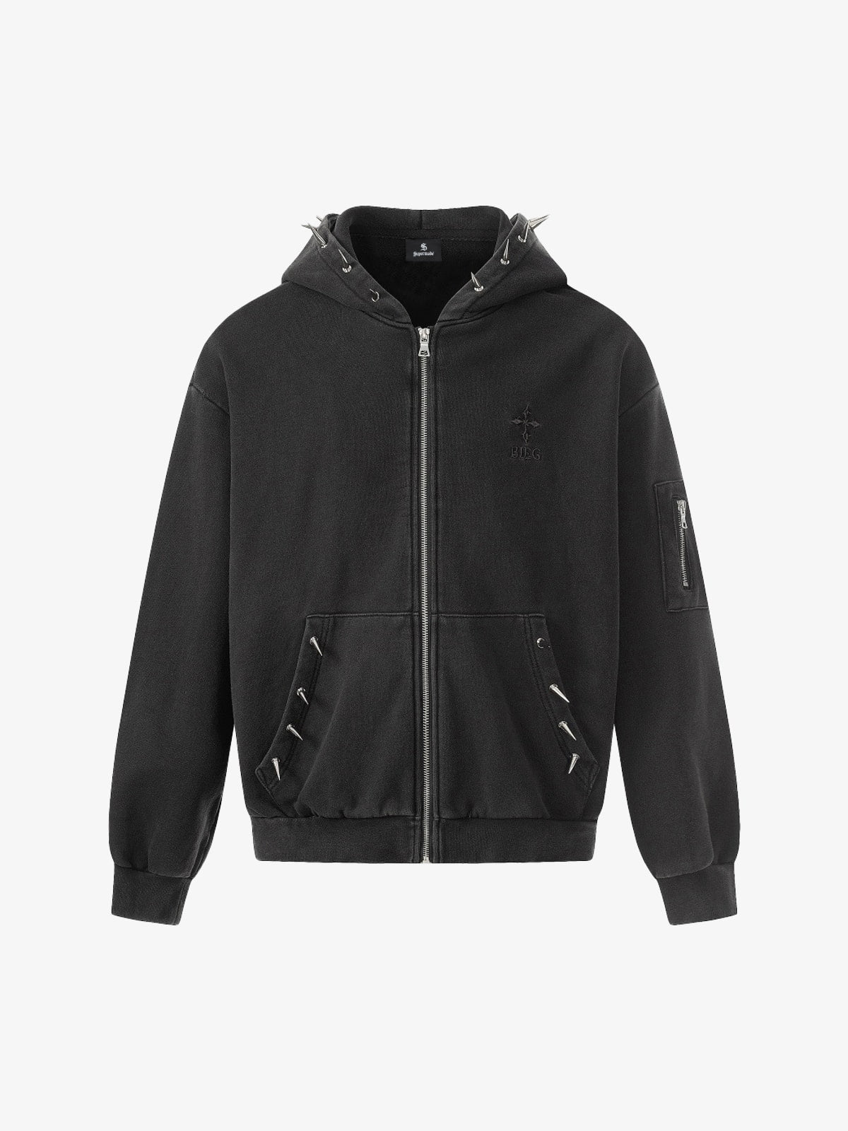 Cotton Blend Punk Style Hooded Zip-Up Sweatshirt with Studs and Pockets?