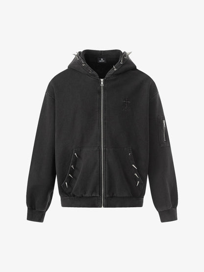 Cotton Blend Punk Style Hooded Zip-Up Sweatshirt with Studs and Pockets?