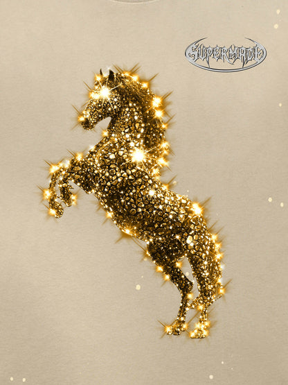 Unisex Washed Ink Blending Dual Color Cotton Horse Year Embroidered Diamond Horse Element Pattern Short-Sleeve T-Shirt?