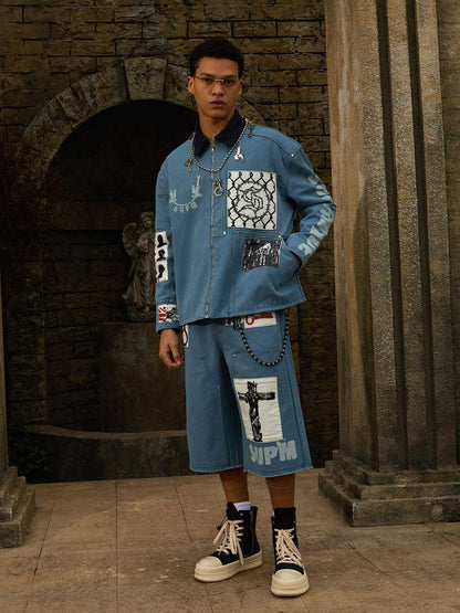 Supermade Multi-Element Appliqu¨¦ Patchwork Denim Suit?