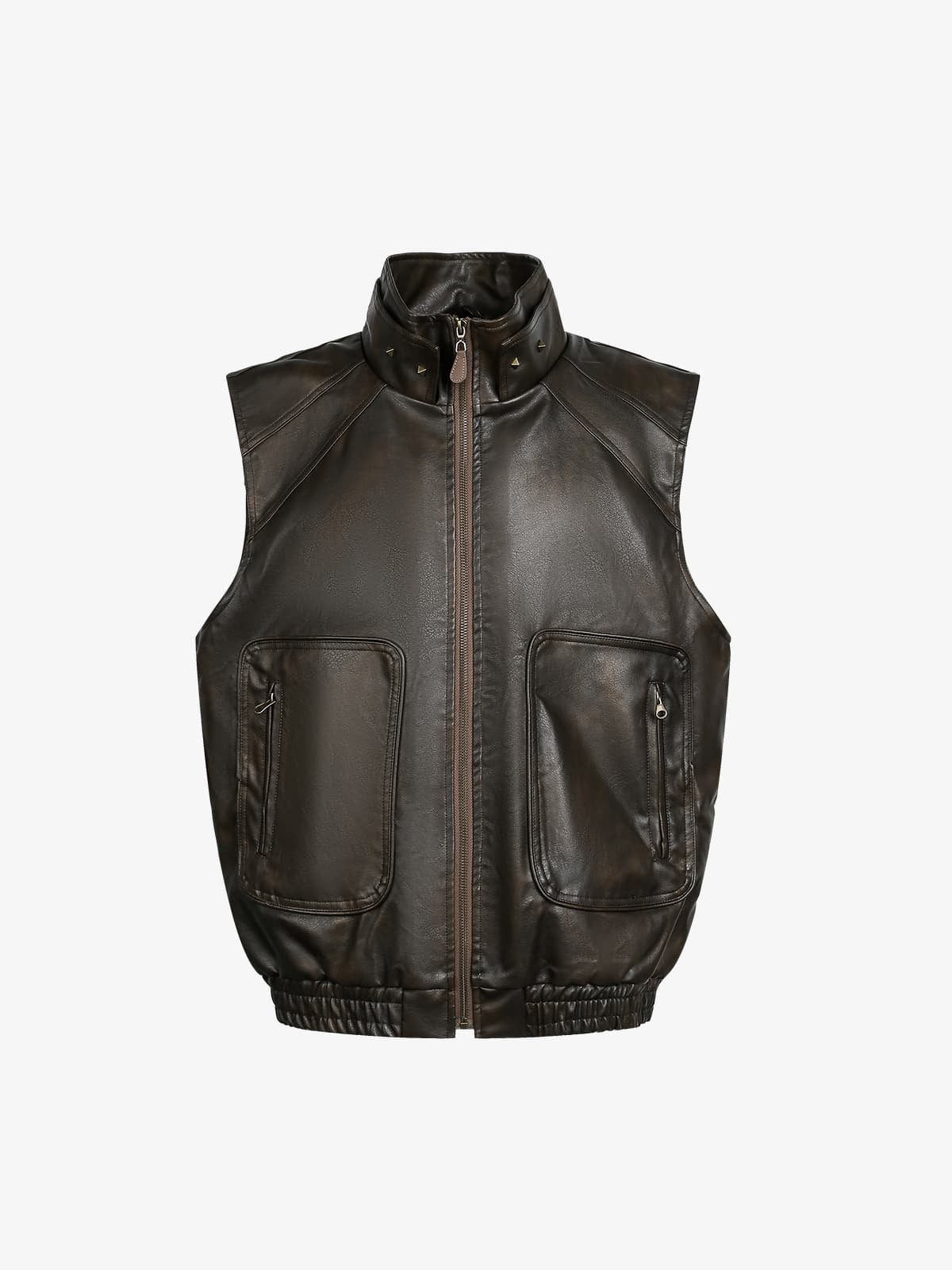 Thesupermade American Retro PU Leather Stand Collar Workwear Motorcycle Vest 