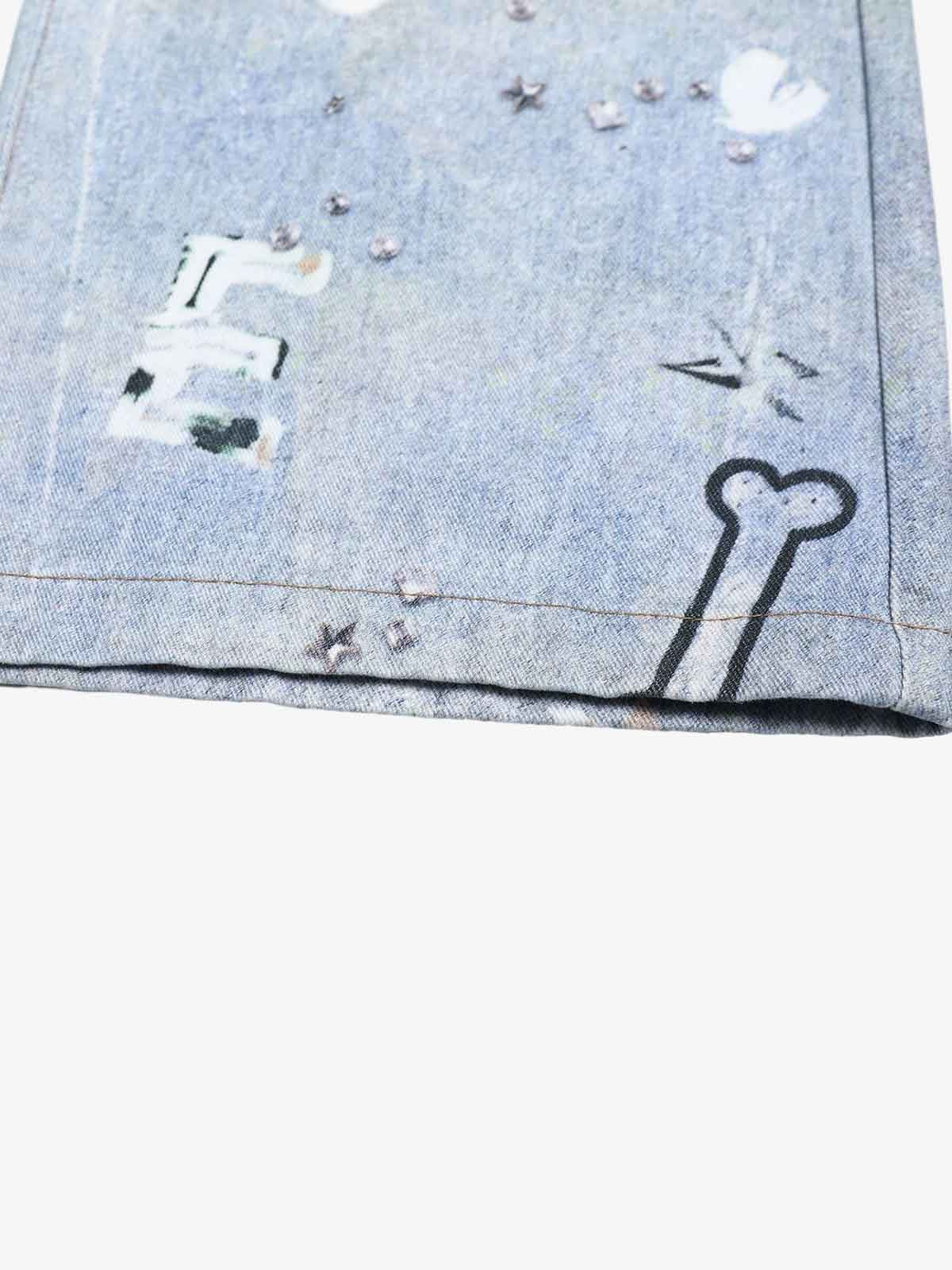 Denim Wide Leg Jeans with Dalmatian Print and Studs, Distressed Design for Streetwear Fashion?