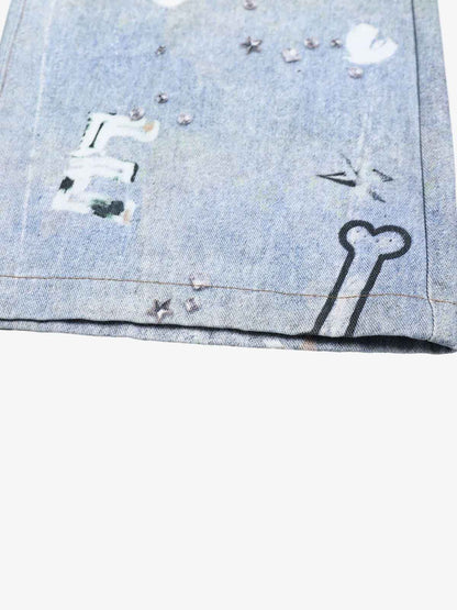 Denim Wide Leg Jeans with Dalmatian Print and Studs, Distressed Design for Streetwear Fashion?