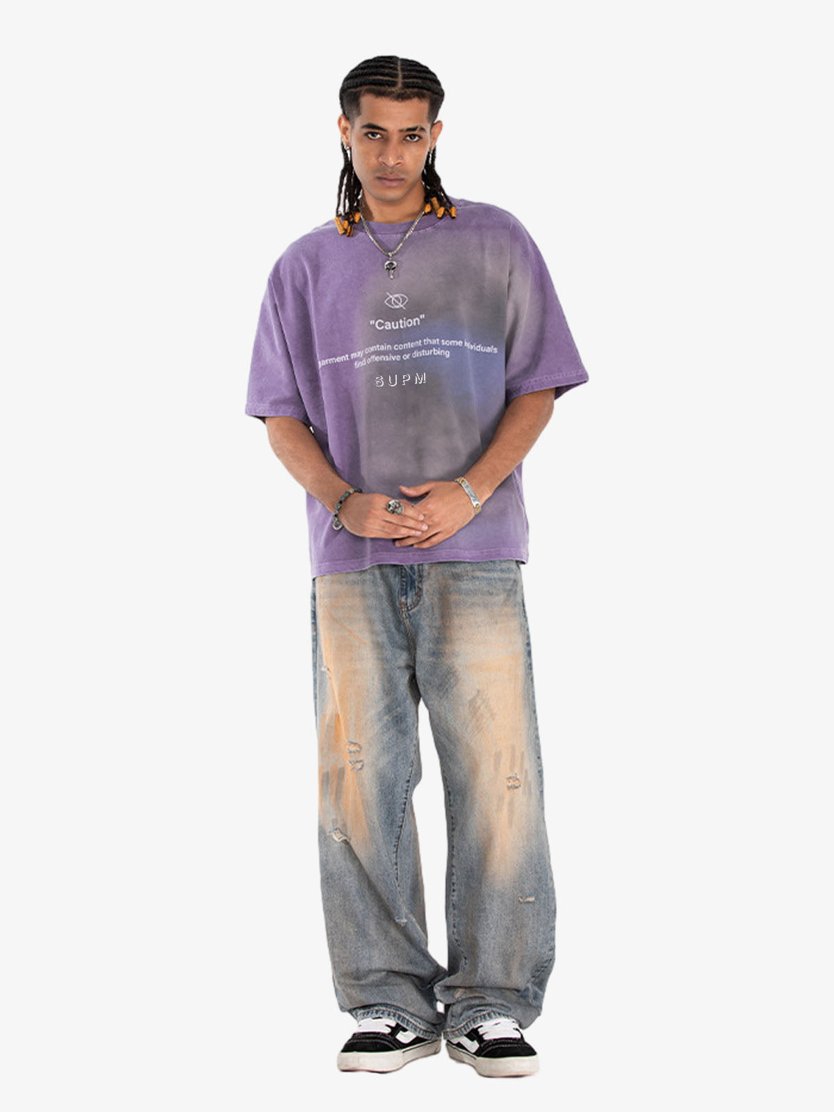 300G Cotton Jade Pattern Dyed T-Shirt with Caution Print Oversized Streetwear Tee?