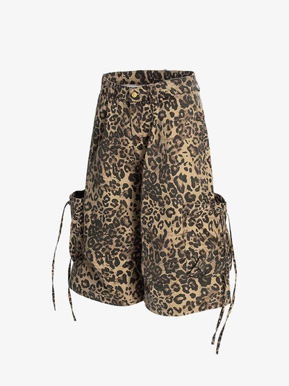 Retro Cheetah Print Pocket Drawstring Cropped Jorts 