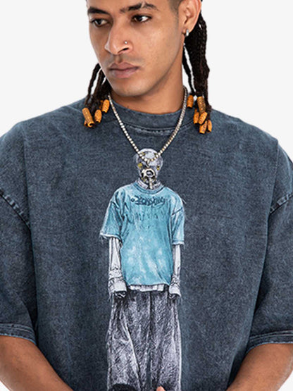 300G Jade Pattern Dyed Cotton Oversized T-Shirt with Skeleton Graphic Print Streetwear?